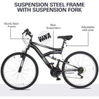 hykolity Bicicleta de montaña con ruedas de 26 y 27.5, Bicicleta de montaña de 18 velocidades para hombres y mujeres con sillín ajustable, Suspensión completa para ciclismo al aire libre
