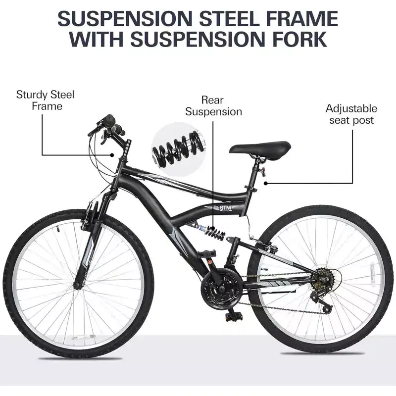 hykolity Bicicleta de montaña con ruedas de 26 y 27.5, Bicicleta de montaña de 18 velocidades para hombres y mujeres con sillín ajustable, Suspensión completa para ciclismo al aire libre