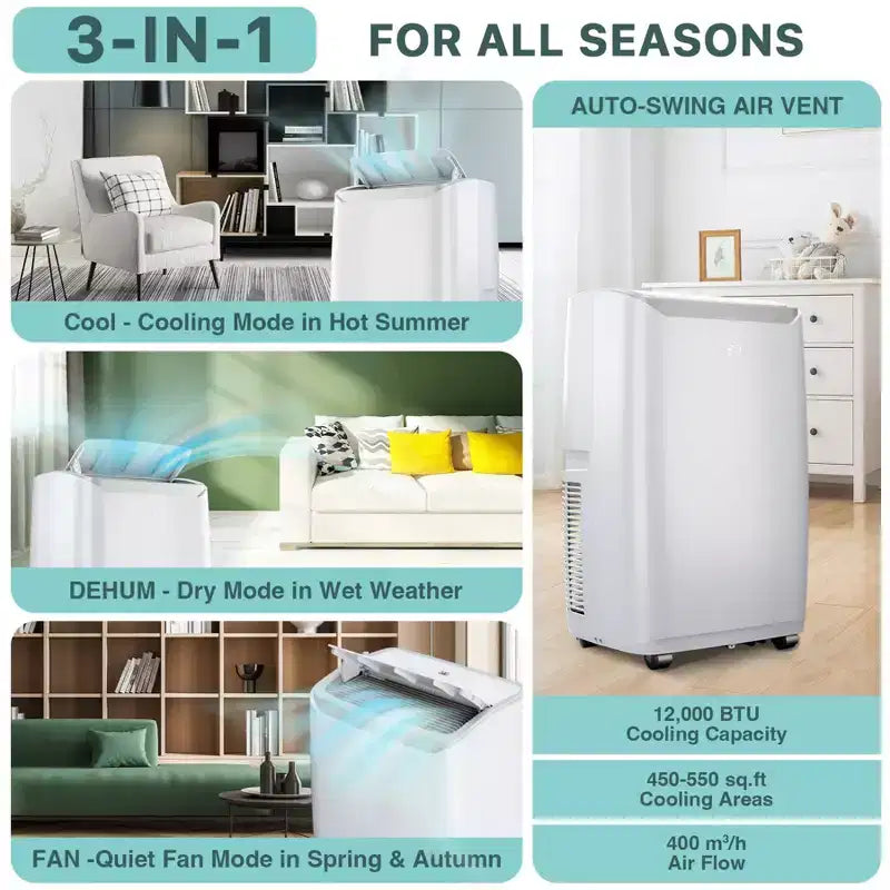 Climatiseur portatif de 12 000 BTU pour pièces jusqu'à 550 pieds carrés, climatiseur/déshumidificateur/ventilateur 3-en-1