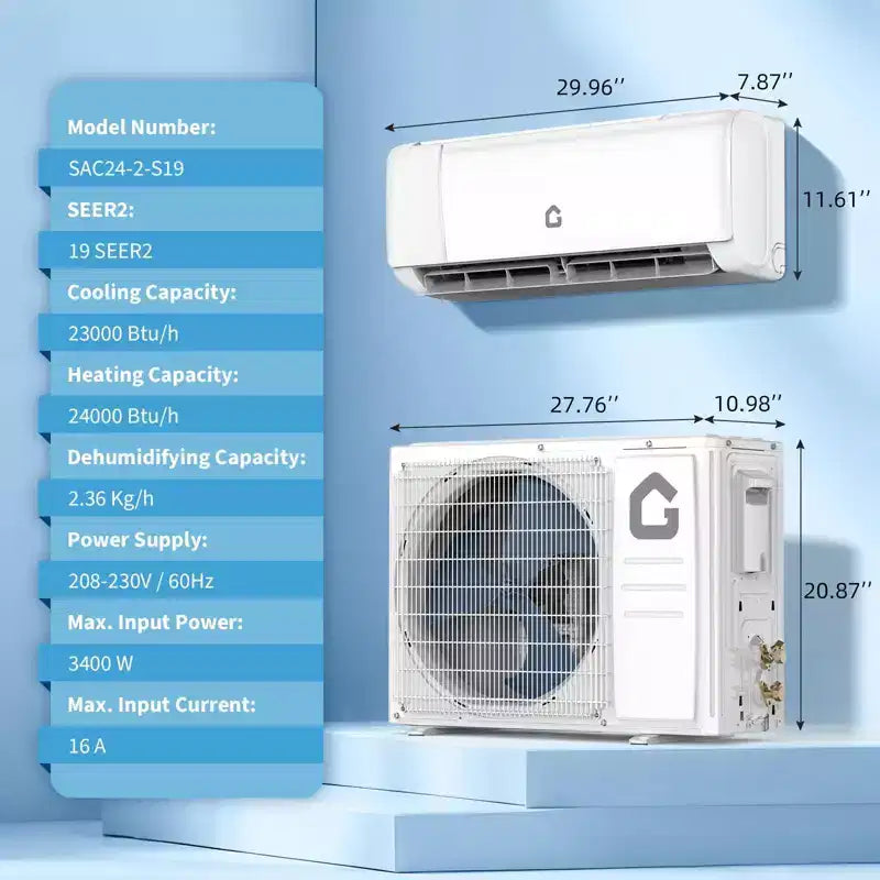 Aire acondicionado mini split con wifi de 24000 BTU, 19 SEER2 208-230V Inverter sin ductos de pared con wifi y compatible con Alexa