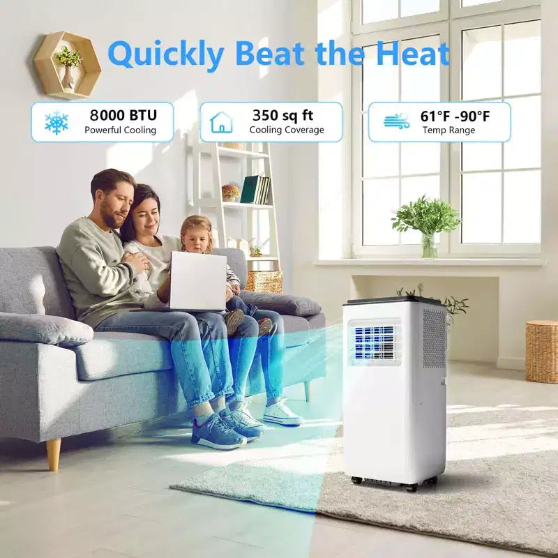 Climatiseur portable 8000 BTU avec télécommande, unité de climatisation silencieuse avec modes froid, déshumidificateur et ventilateur, refroidissement de pièce jusqu'à 32,5 m², minuterie 24 heures, blanc