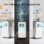 Climatiseur portable 8000 BTU avec télécommande, unité de climatisation silencieuse avec modes froid, déshumidificateur et ventilateur, refroidissement de pièce jusqu'à 32,5 m², minuterie 24 heures, blanc