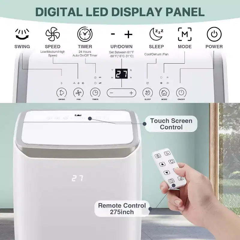 Climatiseur portable 14000 BTU, refroidissement rapide 70 m², climatiseur portable 3-en-1 avec fonctions de refroidissement, déshumidification et ventilation