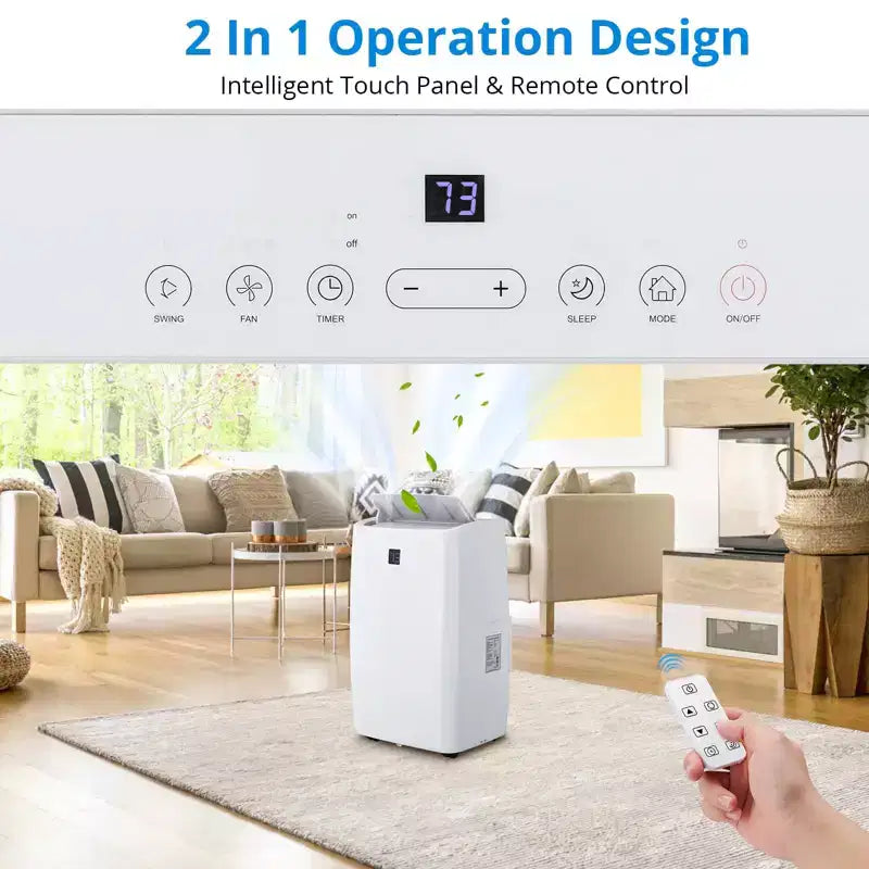 Climatiseur portable 12000 BTU, 3-en-1 : refroidissement, déshumidificateur et ventilateur pour pièces jusqu'à 42 m². Écran numérique, télécommande et mode veille intelligent.