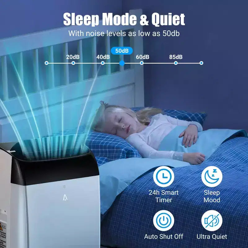 Climatiseur portable 14000 BTU, rafraîchit jusqu'à 70 m², climatiseur portable silencieux 3-en-1 avec télécommande et kits d'installation