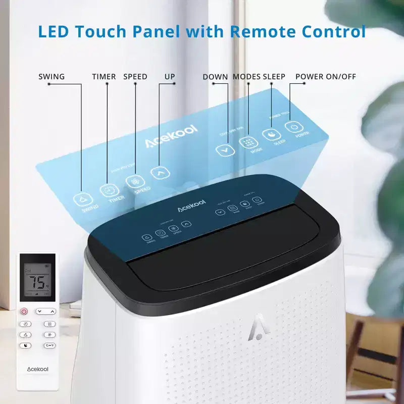 Climatiseur portable 14 000 BTU – Refroidissement rapide 3 en 1 pour 65 m², double moteur avec déshumidificateur et télécommande, idéal pour grandes pièces et camping-cars, noir