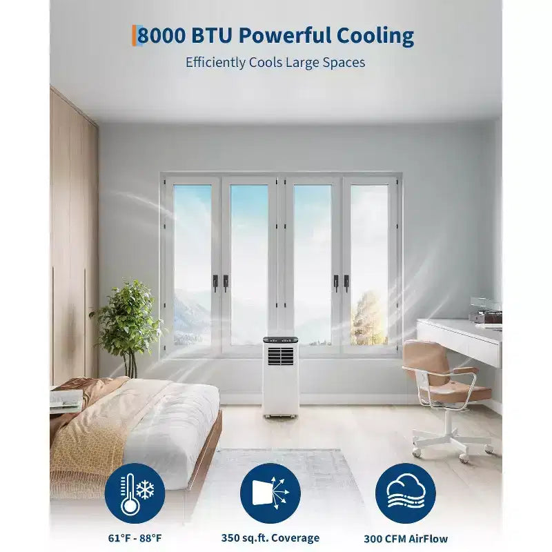 Climatiseur TROPOW, unité 3-en-1 de 8000 BTU avec mode ventilateur, télécommande et conception sans évacuation, climatiseur portable pour pièce.