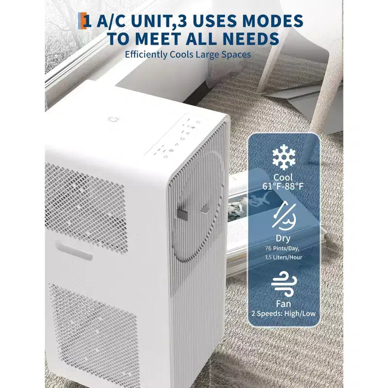 Climatiseur portable 12 000 BTU 3-en-1 sans drainage pour chambres à coucher (17,6-23,2 m²), déshumidificateur, ventilateur, mode veille, minuterie 24 heures