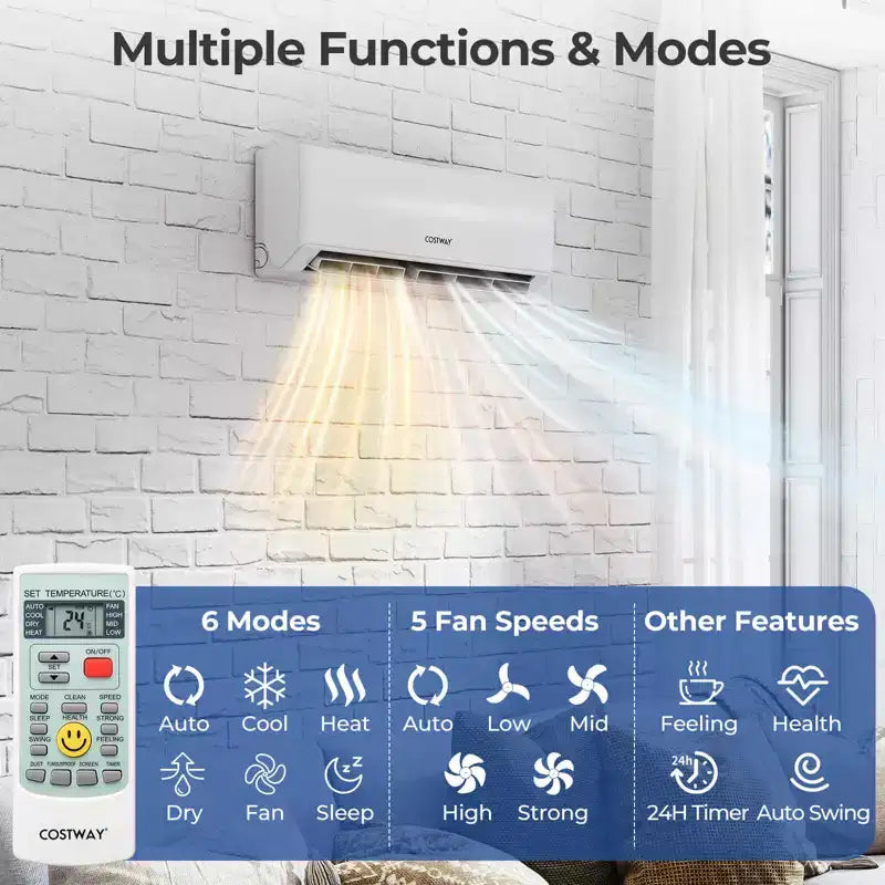 Costway Climatiseur mini-split 2 zones 18 000 BTU 22 SEER2 208-230 V compatible Wi-Fi