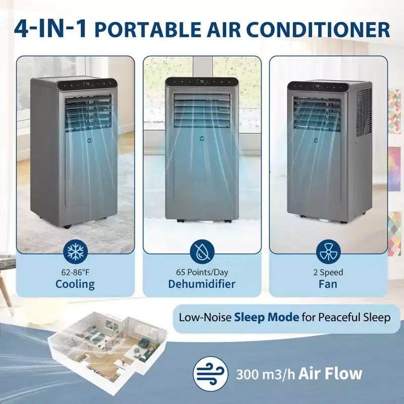 Climatiseur portable de 10 000 BTU, climatiseur portable 3-en-1 avec ventilateur et déshumidificateur, climatiseur de pièce refroidit jusqu'à 42 m².