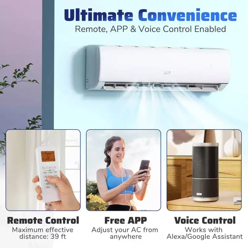 Costway Aire Acondicionado y Calentador Mini Split con Wi-Fi de 11500/11500/17000/23000 BTU, Funciona con Alexa