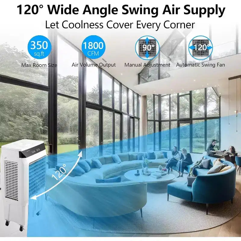 Refroidisseur d'air par évaporation, rafraîchisseur d'air portable 1800CFM avec télécommande, 3 vitesses, minuterie 12H et réservoir d'eau 8,4 gallons, ventilateur de refroidissement 3-EN-1
