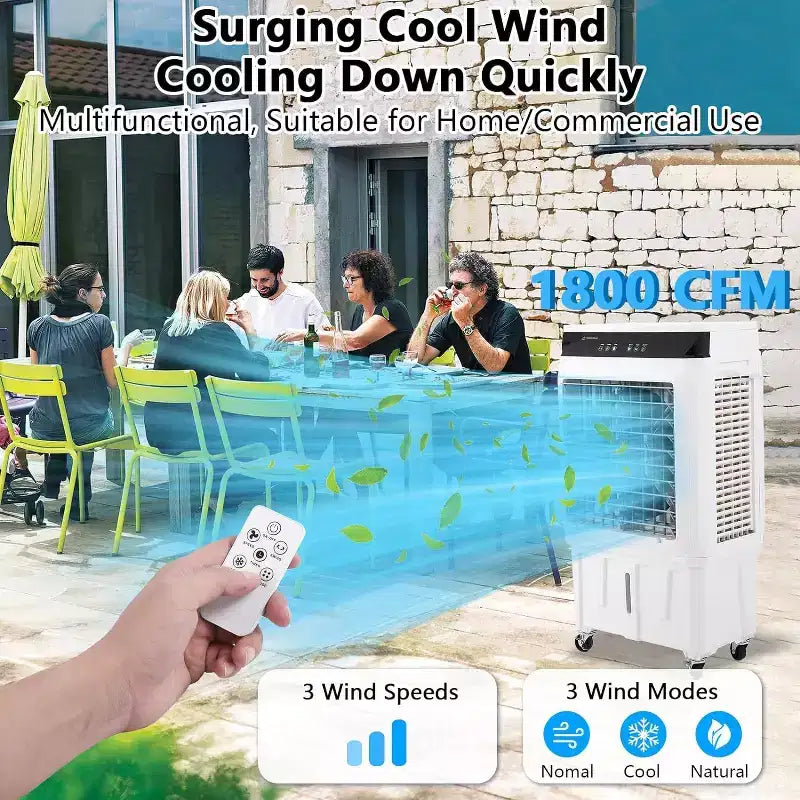 Refroidisseur d'air par évaporation, rafraîchisseur d'air portable 1800CFM avec télécommande, 3 vitesses, minuterie 12H et réservoir d'eau 8,4 gallons, ventilateur de refroidissement 3-EN-1