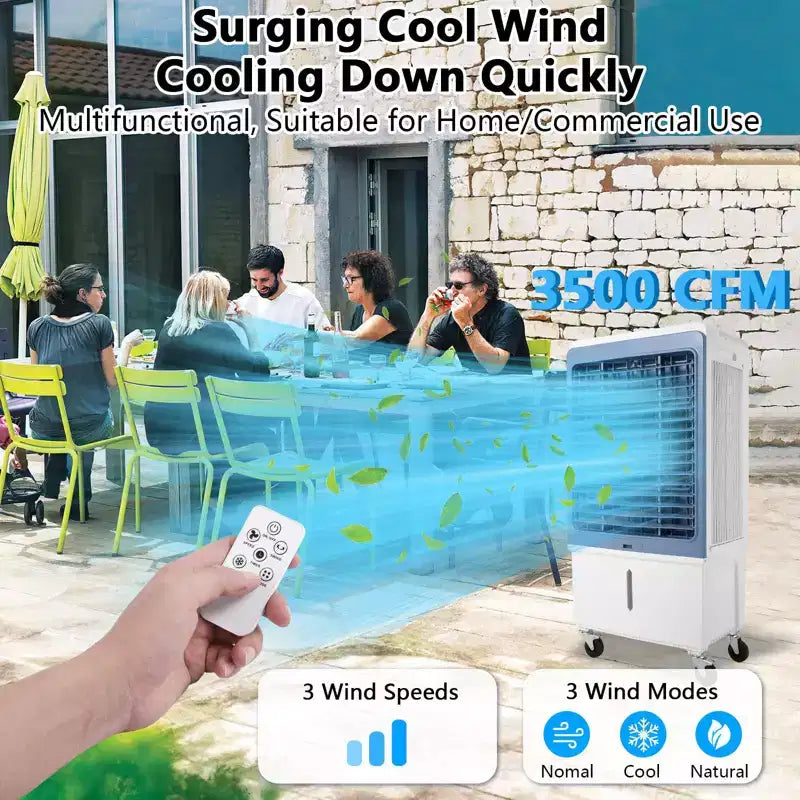 Refroidisseur d'air évaporatif 3500CFM, Refroidisseur par évaporation avec télécommande et minuterie 12h, 4 blocs de glace, 3 modes et vitesses de ventilation pour utilisation extérieure intérieure, 13,2 gallons