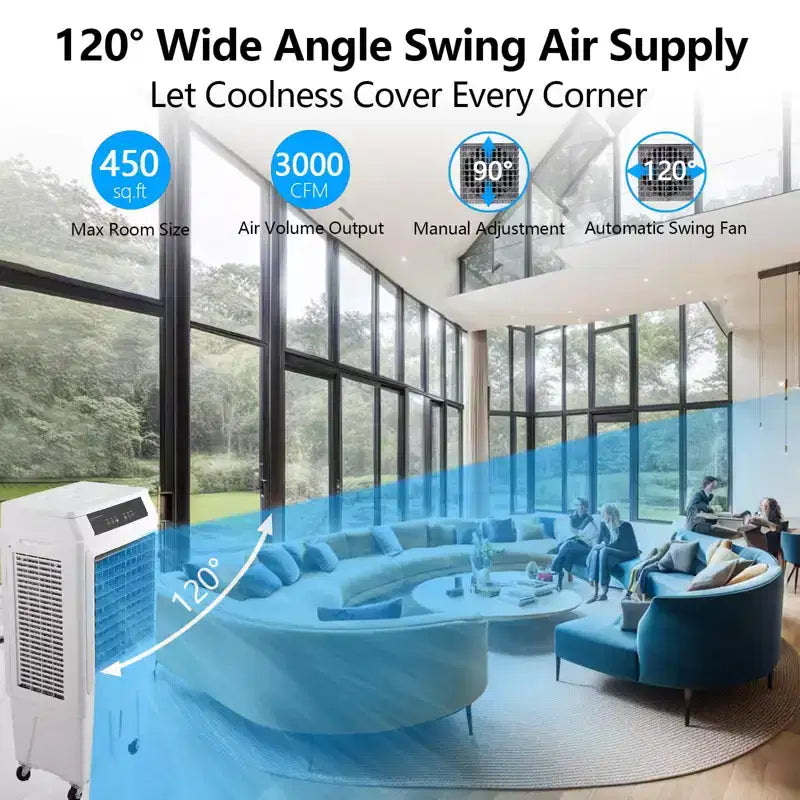Refroidisseur de marais 3000 CFM, refroidisseur d'air par évaporation avec télécommande et minuterie de 12 heures, 4 blocs de glace, 3 modes et vitesses de vent pour utilisation intérieure et extérieure, 10,3 gallons