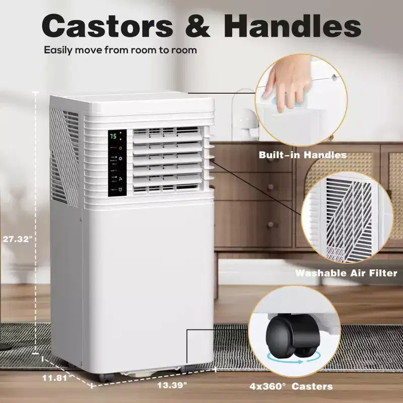 Aire Acondicionado Portátil de 8000 BTU con Control Remoto, Unidad 3 en 1 para Habitaciones, Dormitorios, Garajes, Caravanas, Incluye Temporizador, Pantalla y Kit de Ventana, Blanco