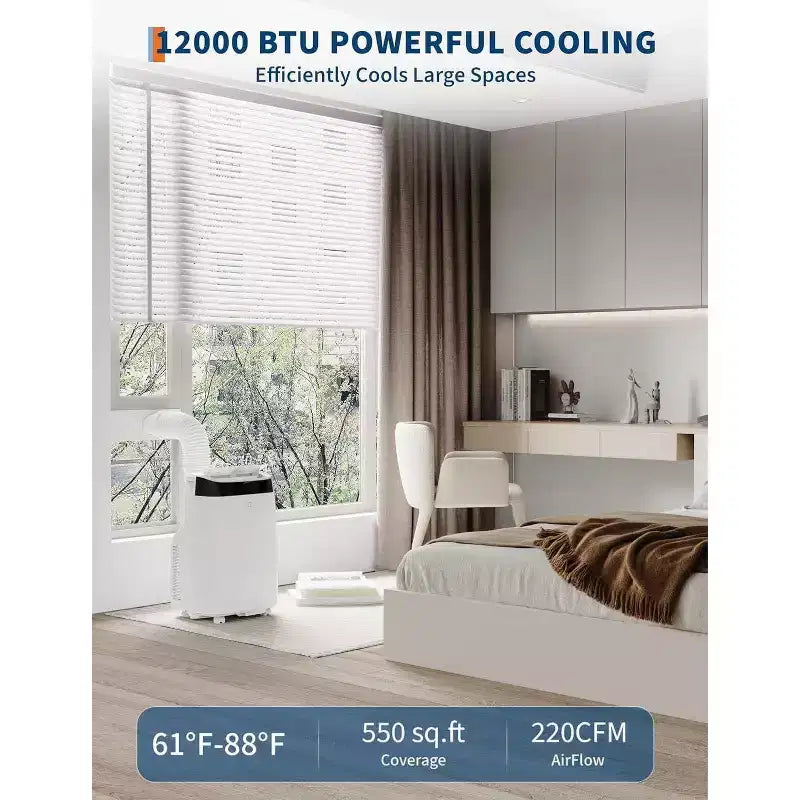 Acekool Climatiseur portable 12 000 BTU - Refroidissement, déshumidificateur et ventilateur 3-en-1 pour pièces jusqu'à 51 m², écran LED, télécommande