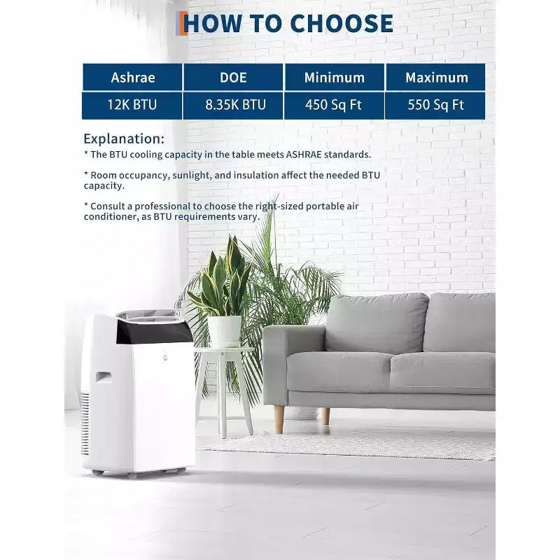 Acekool Climatiseur portable 12 000 BTU - Refroidissement, déshumidificateur et ventilateur 3-en-1 pour pièces jusqu'à 51 m², écran LED, télécommande