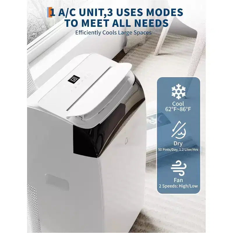Acekool Climatiseur portable 12 000 BTU - Refroidissement, déshumidificateur et ventilateur 3-en-1 pour pièces jusqu'à 51 m², écran LED, télécommande
