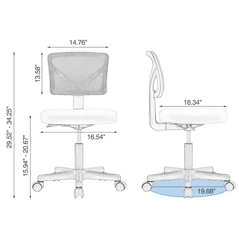 Silla de oficina de malla sin brazos con altura ajustable y soporte lumbar, silla de escritorio giratoria con ruedas para espacios pequeños