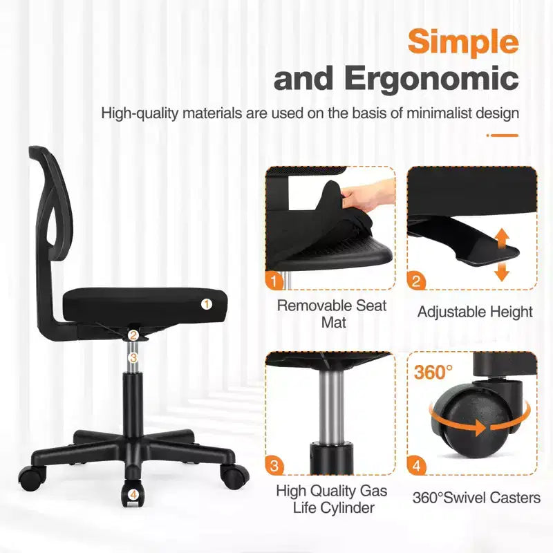 Silla de oficina de malla sin brazos con altura ajustable y soporte lumbar, silla de escritorio giratoria con ruedas para espacios pequeños