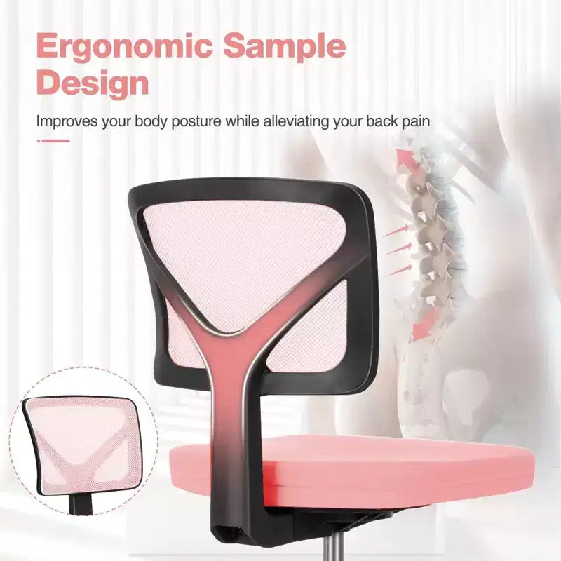Silla de oficina de malla sin brazos con altura ajustable y soporte lumbar, silla de escritorio giratoria con ruedas para espacios pequeños