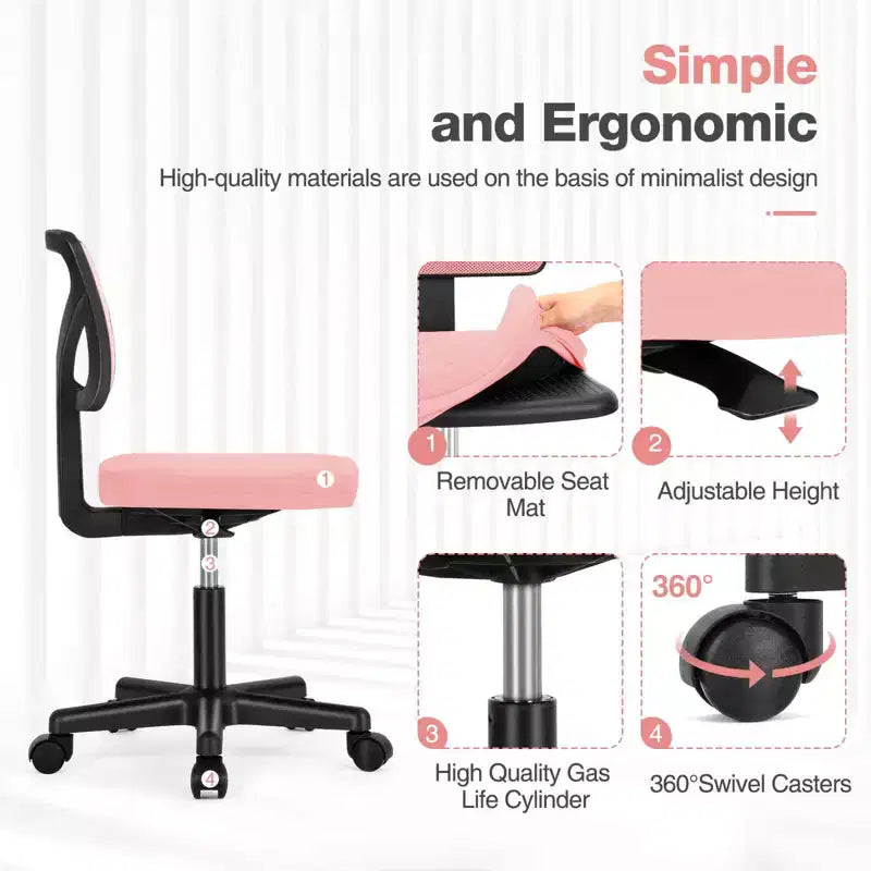 Silla de oficina de malla sin brazos con altura ajustable y soporte lumbar, silla de escritorio giratoria con ruedas para espacios pequeños