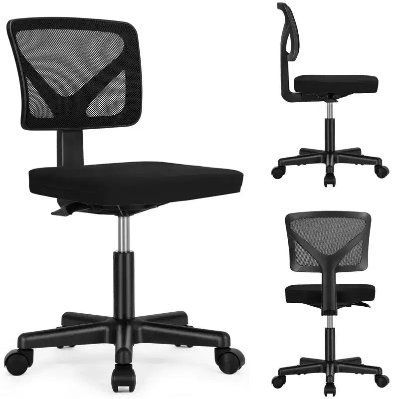 Silla de oficina de malla sin brazos con altura ajustable y soporte lumbar, silla de escritorio giratoria con ruedas para espacios pequeños