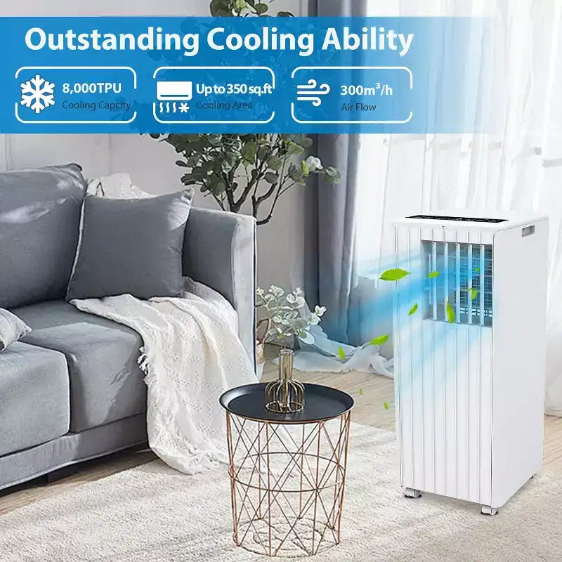 Climatiseur portable 8 000 BTU, refroidit des pièces jusqu'à 32,5 m², déshumidificateur, ventilateur, mode veille, télécommande, unité de climatisation silencieuse avec kit de montage de fenêtre
