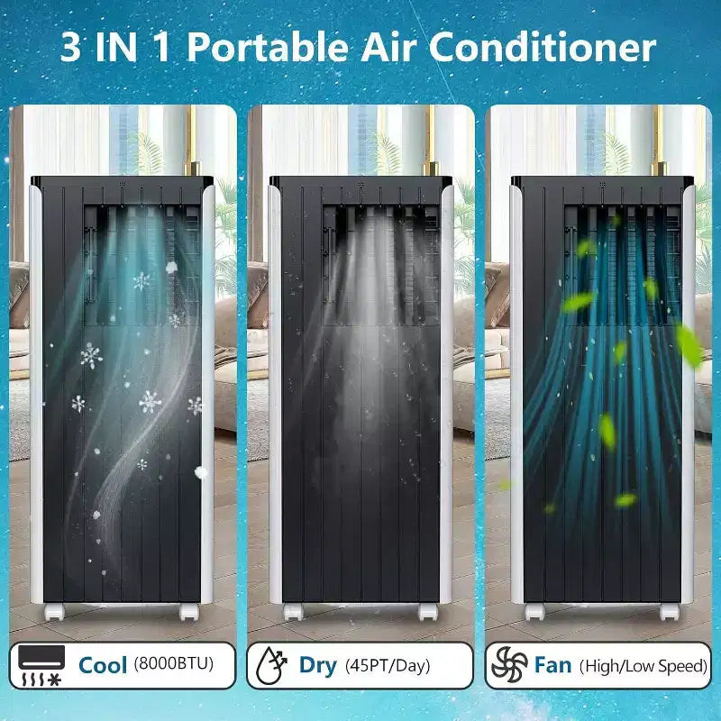 Climatiseur portable Acekool 8000 BTU, climatiseur silencieux 3-en-1 avec télécommande, refroidit jusqu'à 32,5 m², déshumidificateur, ventilateur, minuterie 24h