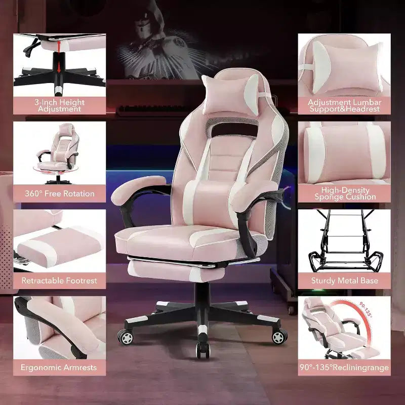 Silla gaming de altura regulable con giro de 360 grados, reposapiés retráctil y reposacabezas, silla ergonómica de oficina de piel sintética con respaldo alto para ordenador