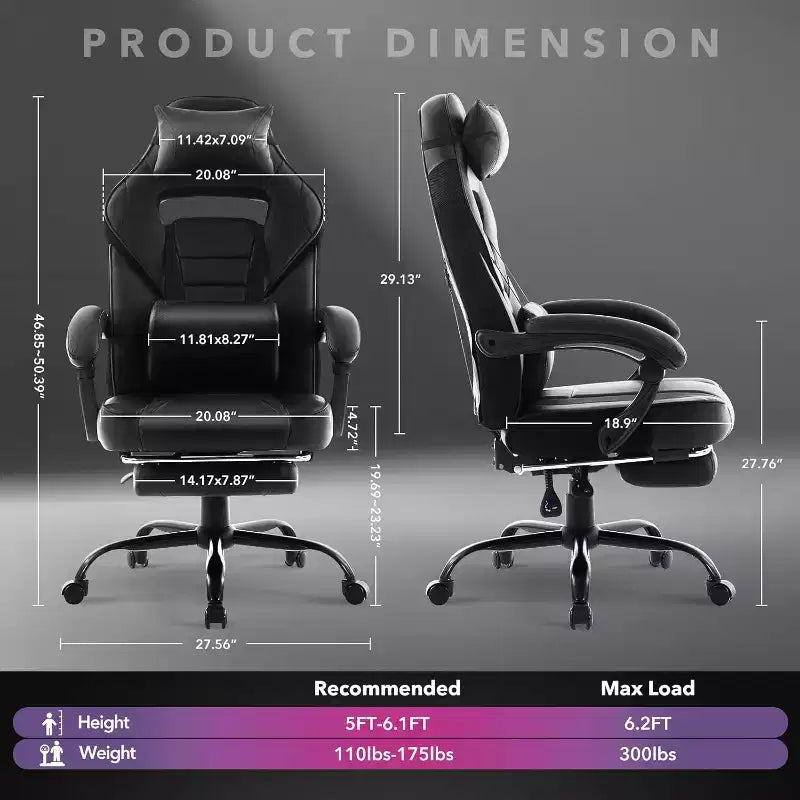 Silla gaming de altura regulable con giro de 360 grados, reposapiés retráctil y reposacabezas, silla ergonómica de oficina de piel sintética con respaldo alto para ordenador