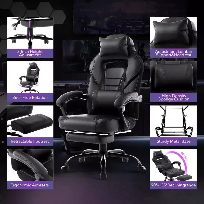 Silla gaming de altura regulable con giro de 360 grados, reposapiés retráctil y reposacabezas, silla ergonómica de oficina de piel sintética con respaldo alto para ordenador