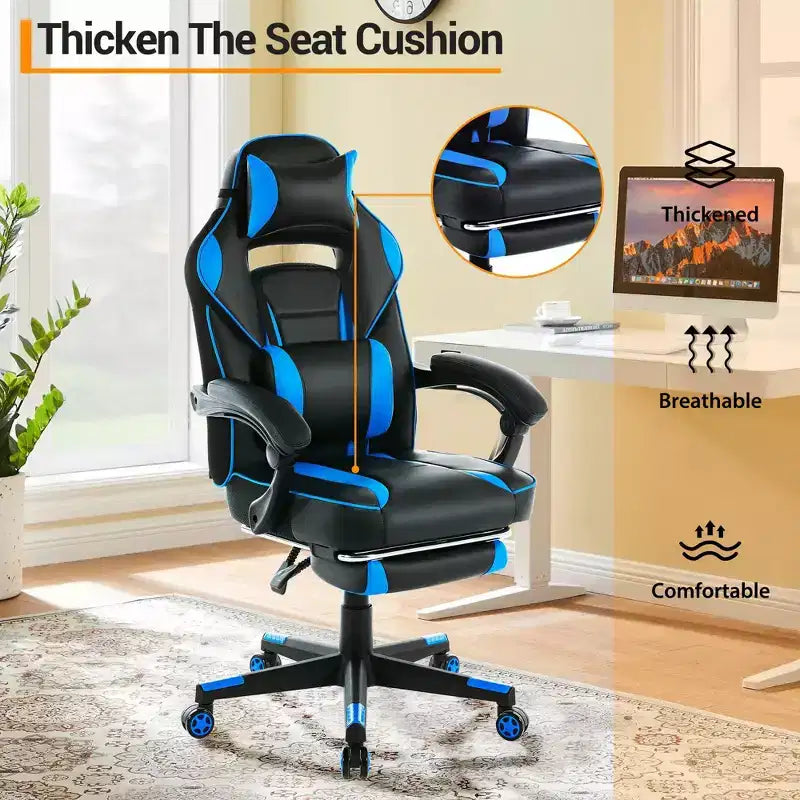 Silla gaming de altura regulable con giro de 360 grados, reposapiés retráctil y reposacabezas, silla ergonómica de oficina de piel sintética con respaldo alto para ordenador