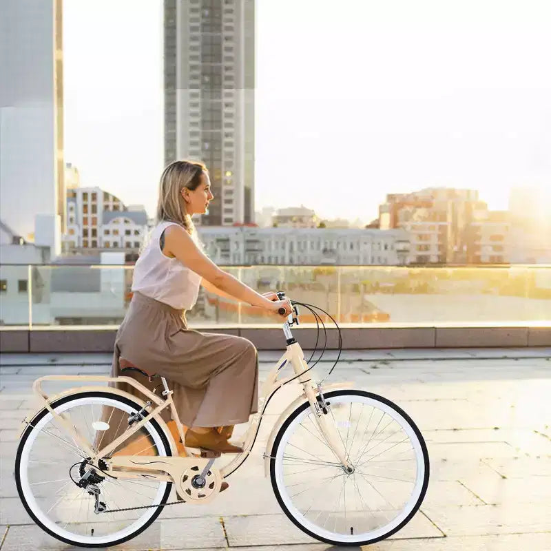 Bicicleta de 7 velocidades NAYSAYE con cuadro de acero para mujer de 24 pulgadas para viajes diarios y ocio para paseos urbanos, beige, 62.2*23.62*40.16