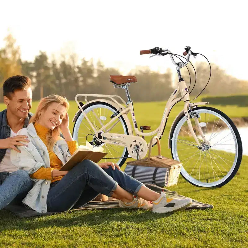 Bicicleta de 7 velocidades NAYSAYE con cuadro de acero para mujer de 24 pulgadas para viajes diarios y ocio para paseos urbanos, beige, 62.2*23.62*40.16