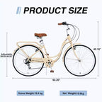 Bicicleta de 7 velocidades NAYSAYE con cuadro de acero para mujer de 24 pulgadas para viajes diarios y ocio para paseos urbanos, beige, 62.2*23.62*40.16