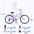 Bicicleta NAYSAYE de 7 velocidades y 26 pulgadas, tipo cruiser de playa con cuadro de acero para mujer, para paseos cómodos, color morado, 69.96*28.32*43.2