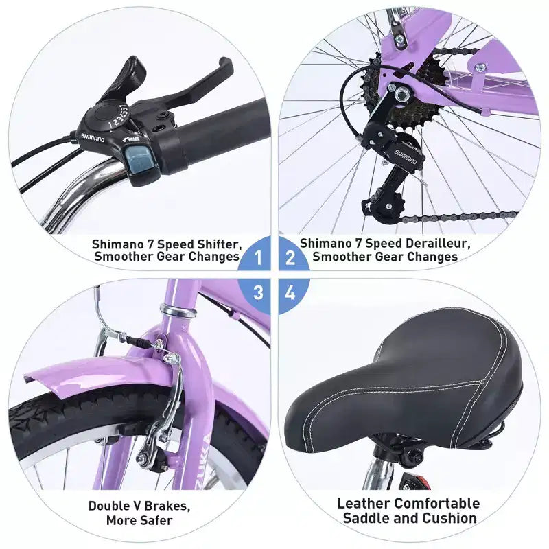 Bicicleta NAYSAYE de 7 velocidades y 26 pulgadas, tipo cruiser de playa con cuadro de acero para mujer, para paseos cómodos, color morado, 69.96*28.32*43.2