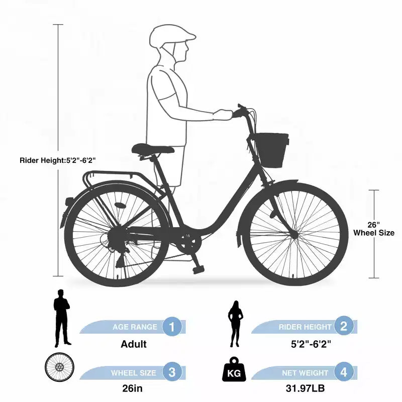 Bicicleta urbana NAYSAYE de 7 velocidades con cesta, cuadro de acero para niñas para desplazamientos y ocio, azul, 66.93*24.8*41.34