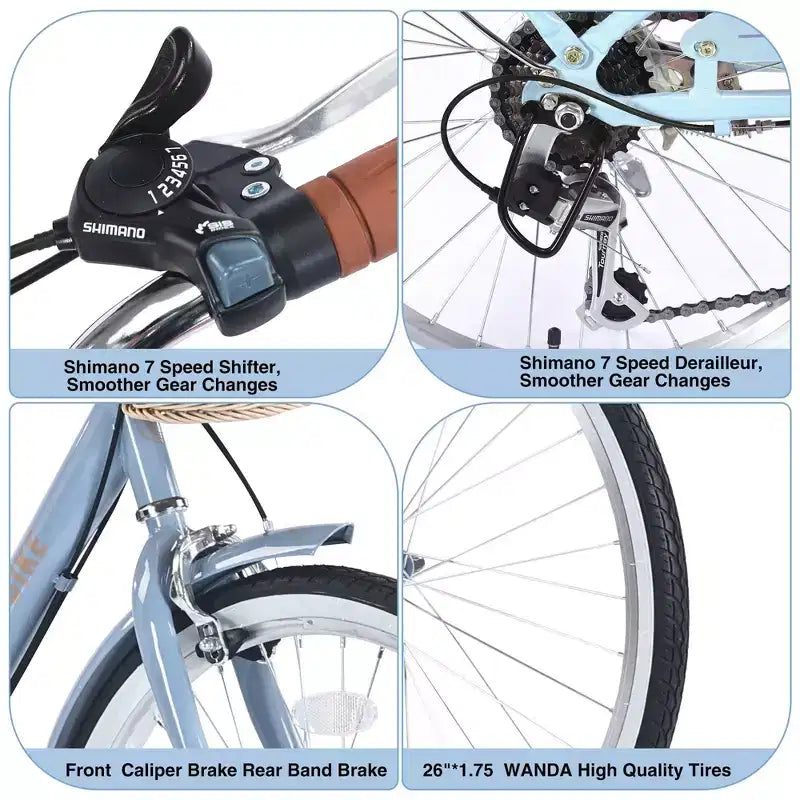 Bicicleta urbana NAYSAYE de 7 velocidades con cesta, cuadro de acero para niñas para desplazamientos y ocio, azul, 66.93*24.8*41.34