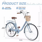 Bicicleta urbana NAYSAYE de 7 velocidades con cesta, cuadro de acero para niñas para desplazamientos y ocio, azul, 66.93*24.8*41.34