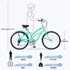 NAYSAYE Bicicleta Playera de 26 Pulgadas para Adultos, Bicicleta de Paseo de 7 Velocidades con Cuadro de Acero para Mujeres para Paseos Cómodos, Verde Menta, 69.6*28.5*40.5