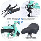 NAYSAYE Bicicleta Playera de 26 Pulgadas para Adultos, Bicicleta de Paseo de 7 Velocidades con Cuadro de Acero para Mujeres para Paseos Cómodos, Verde Menta, 69.6*28.5*40.5
