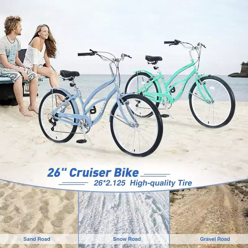 NAYSAYE Bicicleta Playera de 26 Pulgadas para Adultos, Bicicleta de Paseo de 7 Velocidades con Cuadro de Acero para Mujeres para Paseos Cómodos, Verde Menta, 69.6*28.5*40.5