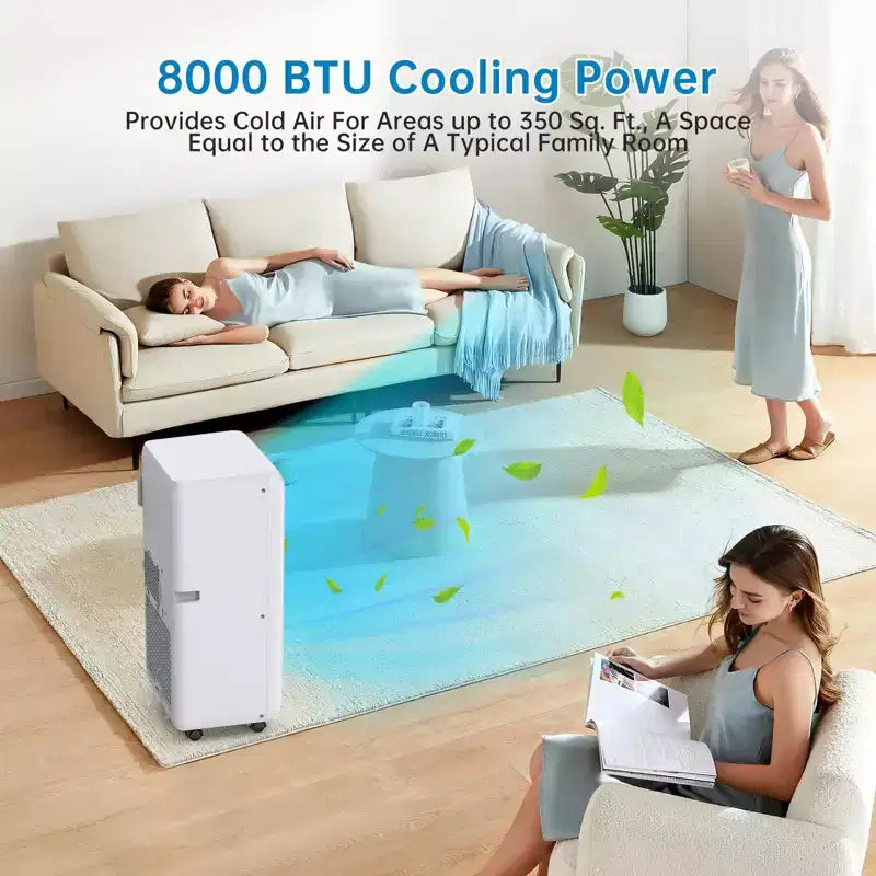 Climatiseur portable 8000 BTU avec refroidissement efficace, design compact et léger pour un transport facile, idéal pour les pièces petites à moyennes.