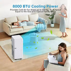 Climatiseur portable 8000 BTU avec refroidissement efficace, design compact et léger pour un transport facile, idéal pour les pièces petites à moyennes.