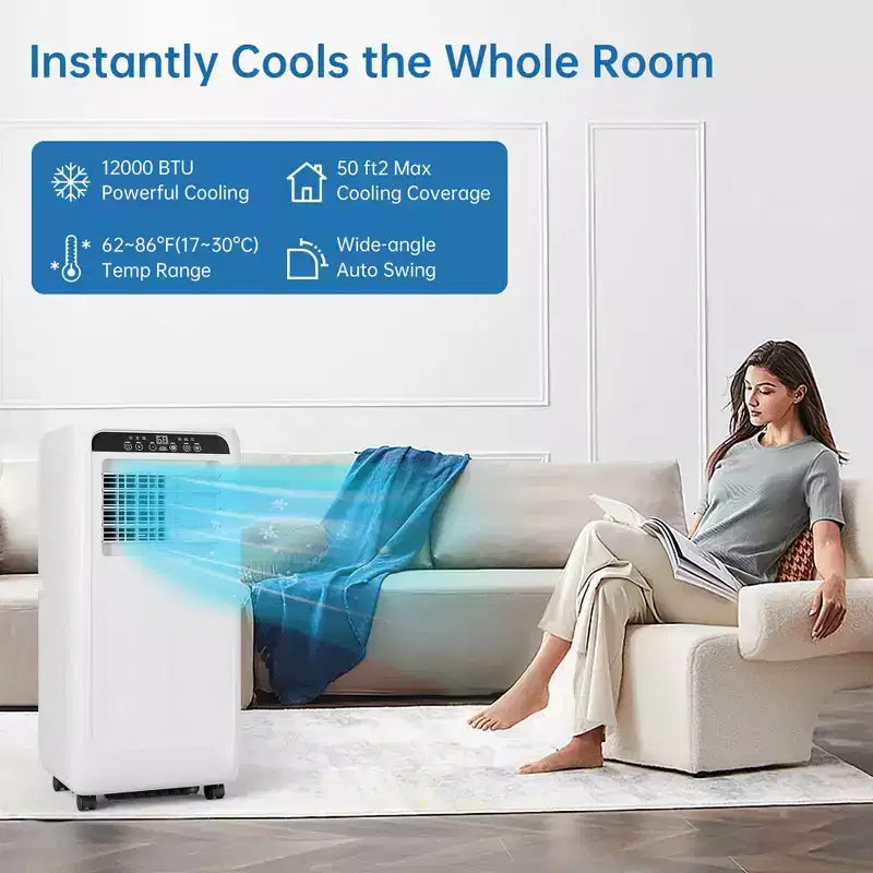 Climatiseur portable 8000 BTU avec refroidissement efficace, design compact et léger pour un transport facile, idéal pour les pièces petites à moyennes.