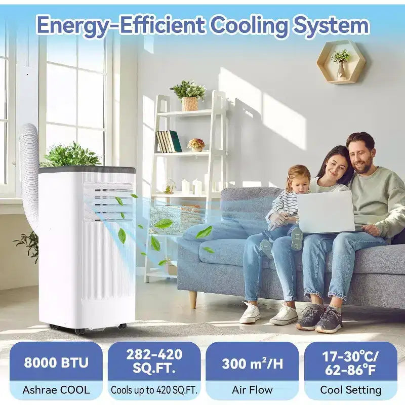 Climatiseur portable Acekool 8 000 BTU 3-en-1 (climatiseur/déshumidificateur/ventilateur), rafraîchit 32,5 m², mode veille silencieux, télécommande et kit fenêtre