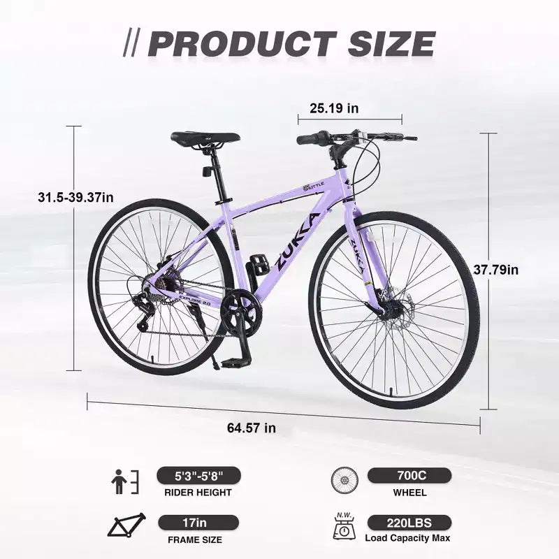 NAYSAYE Bicicleta Híbrida de Montaña de 7 Velocidades, Cuadro de Aluminio, Frenos de Disco Dobles, Bicicletas Para Adultos y Niños, 64.57*25.19*37.79